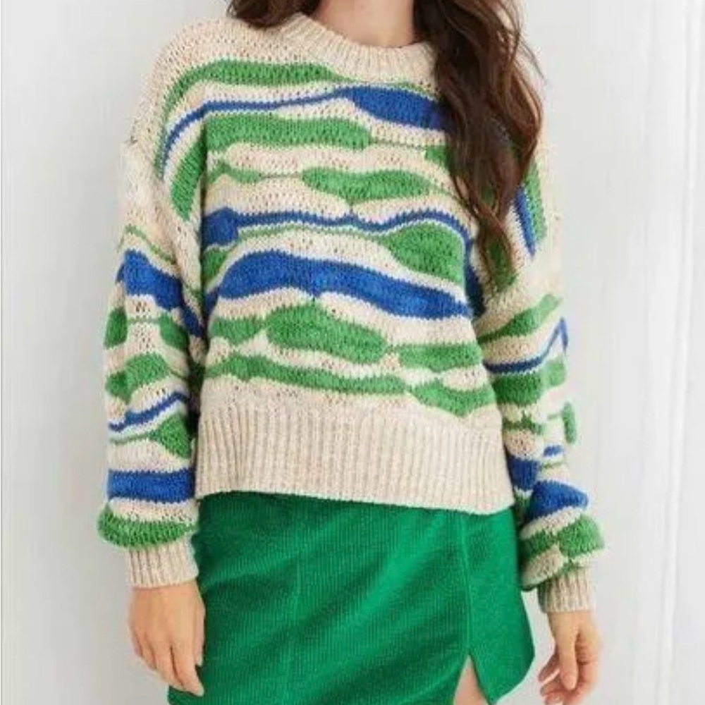 aerie Cream Sweater with Green & Blue Wave Stripes